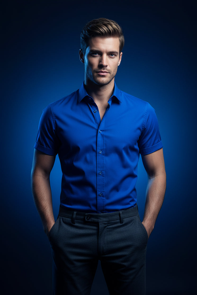 Camisa FURY FITTERS ORIGINALS de manga corta en azul estate, ajuste slim fit, vista frontal, para caballero.