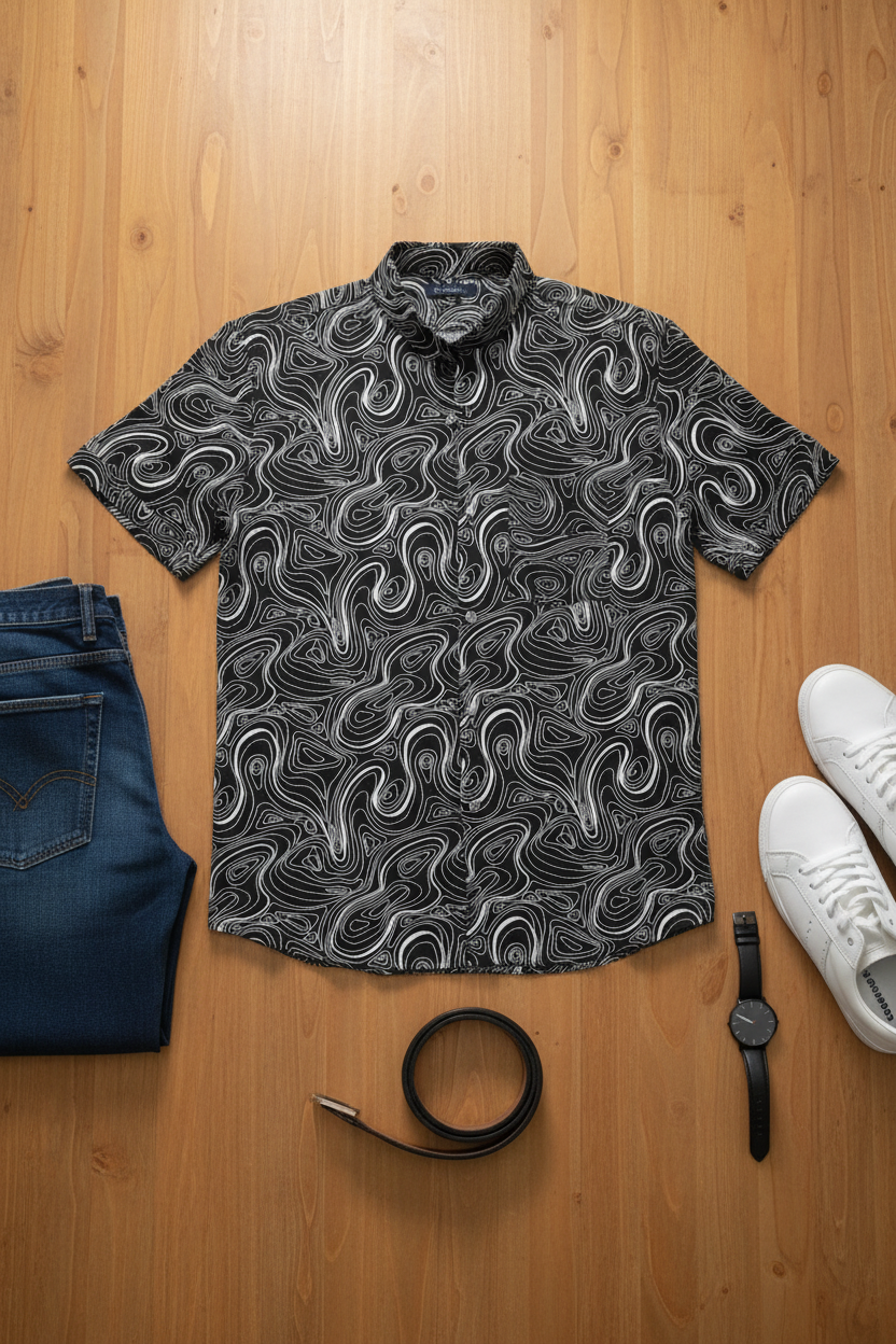Camisa manga corta slim fit Fitters Originals Caspia con cuello Mao, color neutro, vista frontal en la imagen.