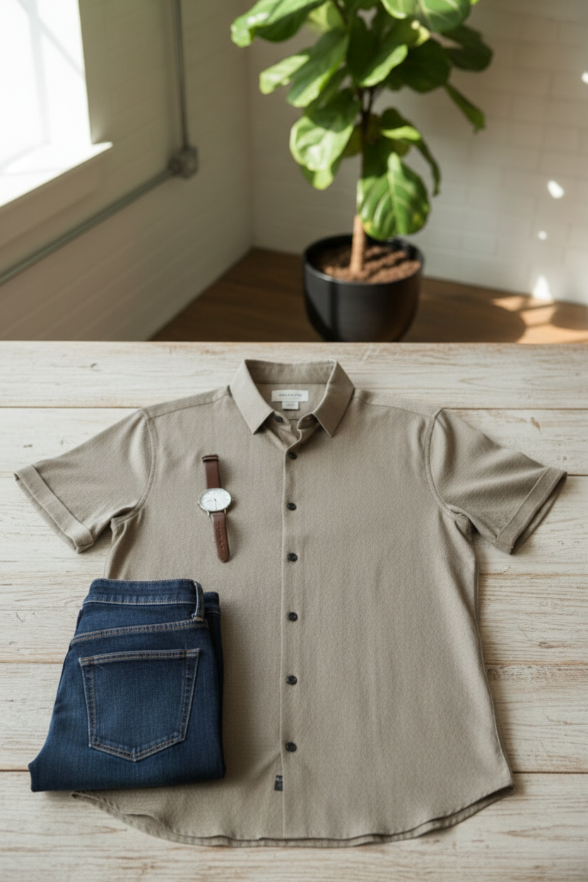 Camisa GASKAS 650 de FITTERS ORIGINALS en beige, manga corta, estilo slim fit, ajuste relajado, vista frontal.
