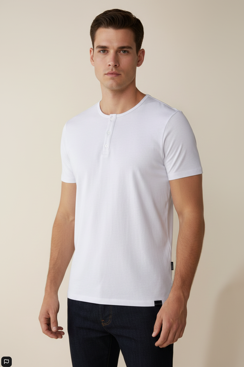 Playera Henley para hombre de Fitters Originals en color blanca, algodón premium, con corte relajado y cuello con botones.