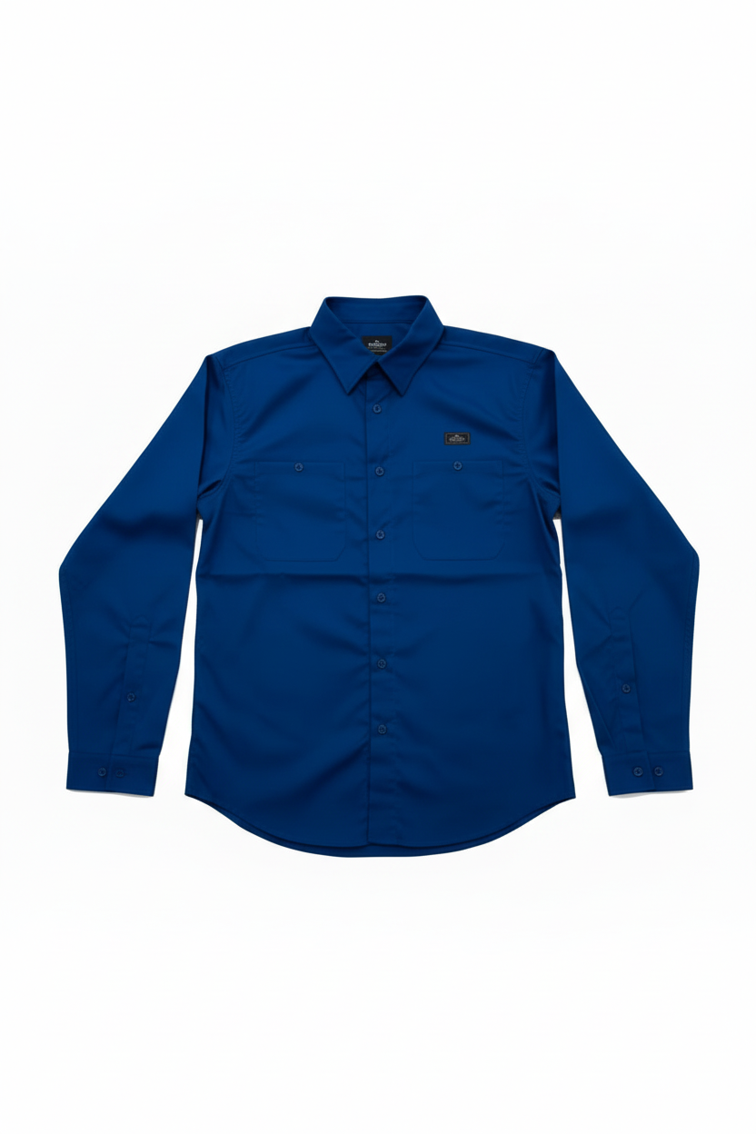 Camisa de manga larga CHALLENGER CORE3 en azul galaxy, estilo relaxed fit, para hombre, vista frontal en fondo neutro.