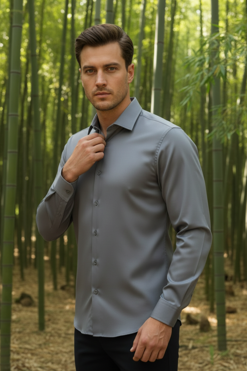 Camisa manga larga gris slim fit de la marca Fitters Originals, vista frontal con cuello y botones visibles.