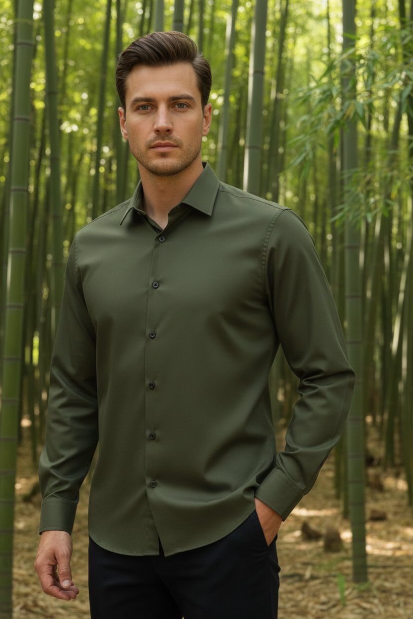 Camisa de manga larga slim fit de bambú para hombre con estilo militar, marca Fitters Originals, vista frontal en color verde militar.