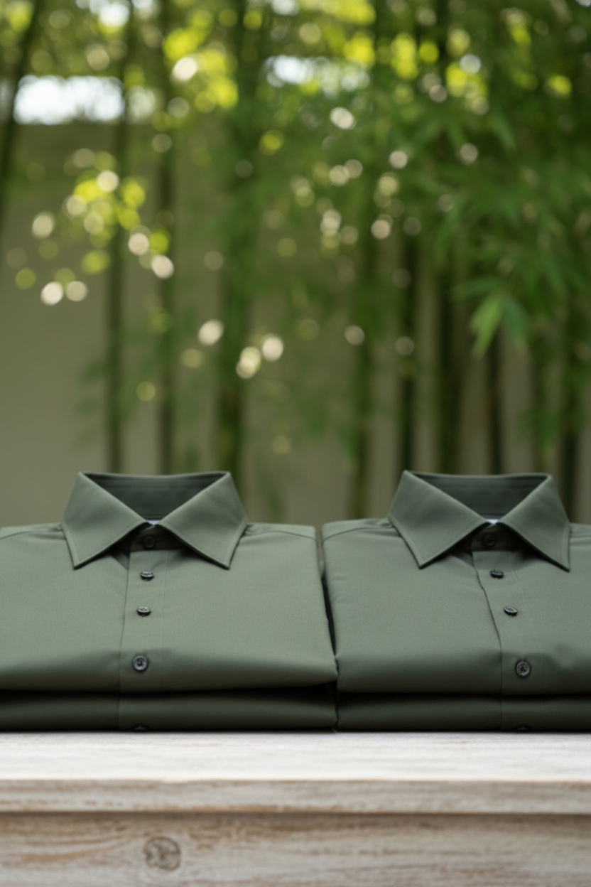 Camisa de manga larga slim fit de estilo militar para hombre de la marca Fitters Originals, en color verde oliva.