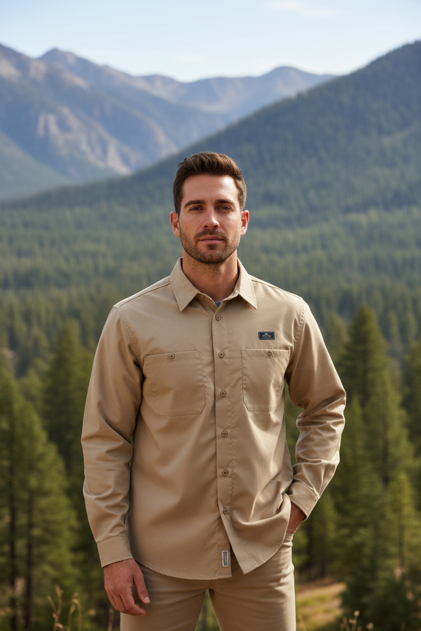 Camisa manga larga relax fit de la marca CHALLENGE YOURSELF, modelo Challenger Core3 en color Kaky, vista frontal en la imagen.