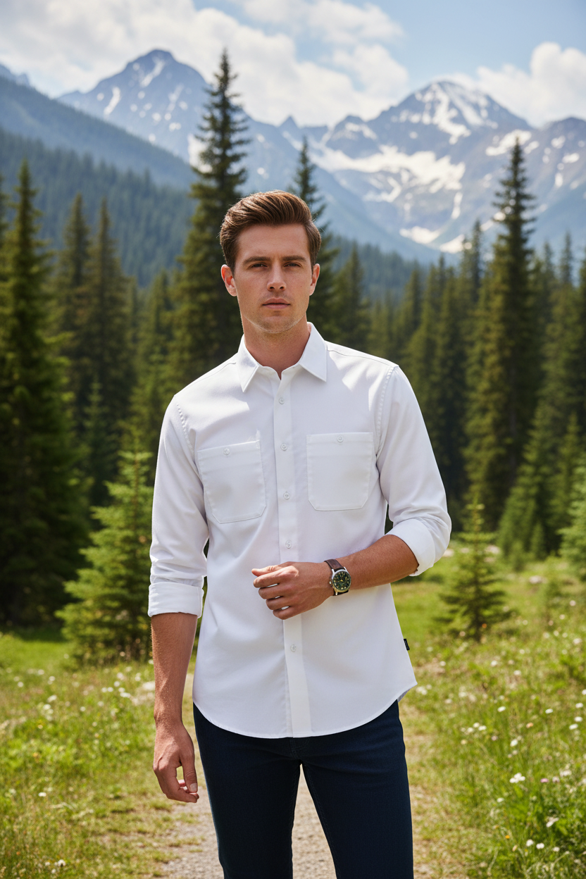 Camisa de manga larga Relax Fit de Fitters Originals Challenger Core3 en color blanca Alaska, visible en la imagen.