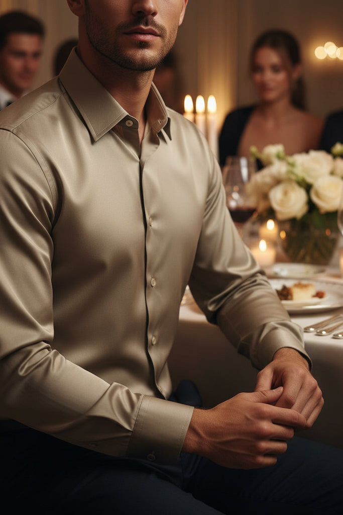 Camisa de manga larga slim fit de la marca Fitters Originals en color beige, estilo romántico y elegante para mujer.