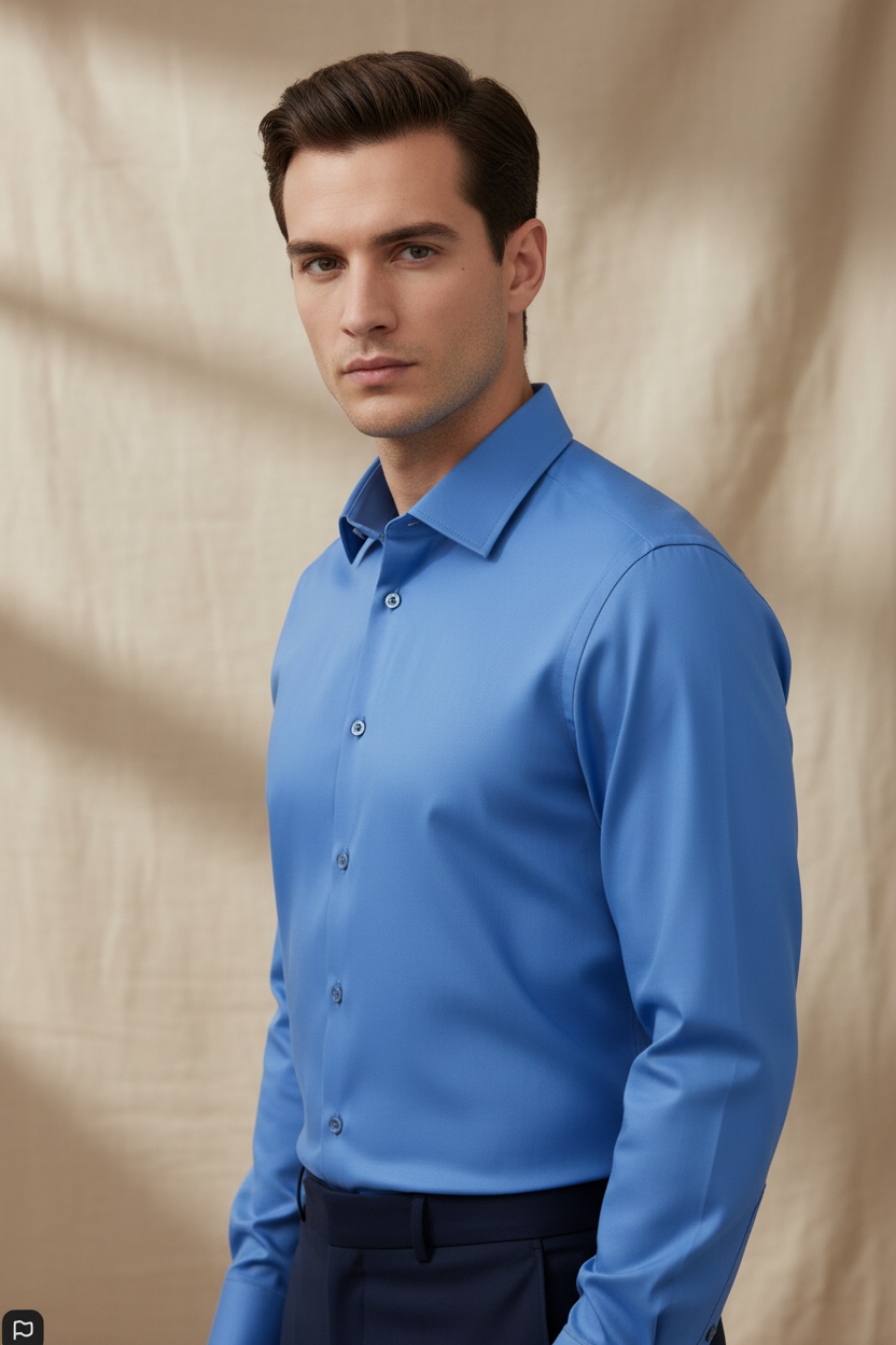 Camisa de manga larga slim fit FITTERS ORIGINALS en color índigo, con cuello y botones visibles, estilo casual y moderno.
