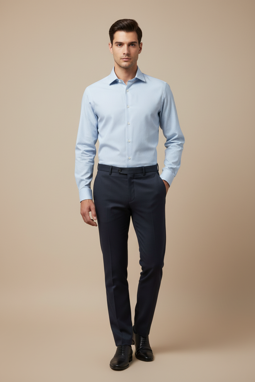 Camisa de manga larga slim fit de FITTERS ORIGINALS con diseño de rayas azules, tela de calidad y ajuste ajustado.