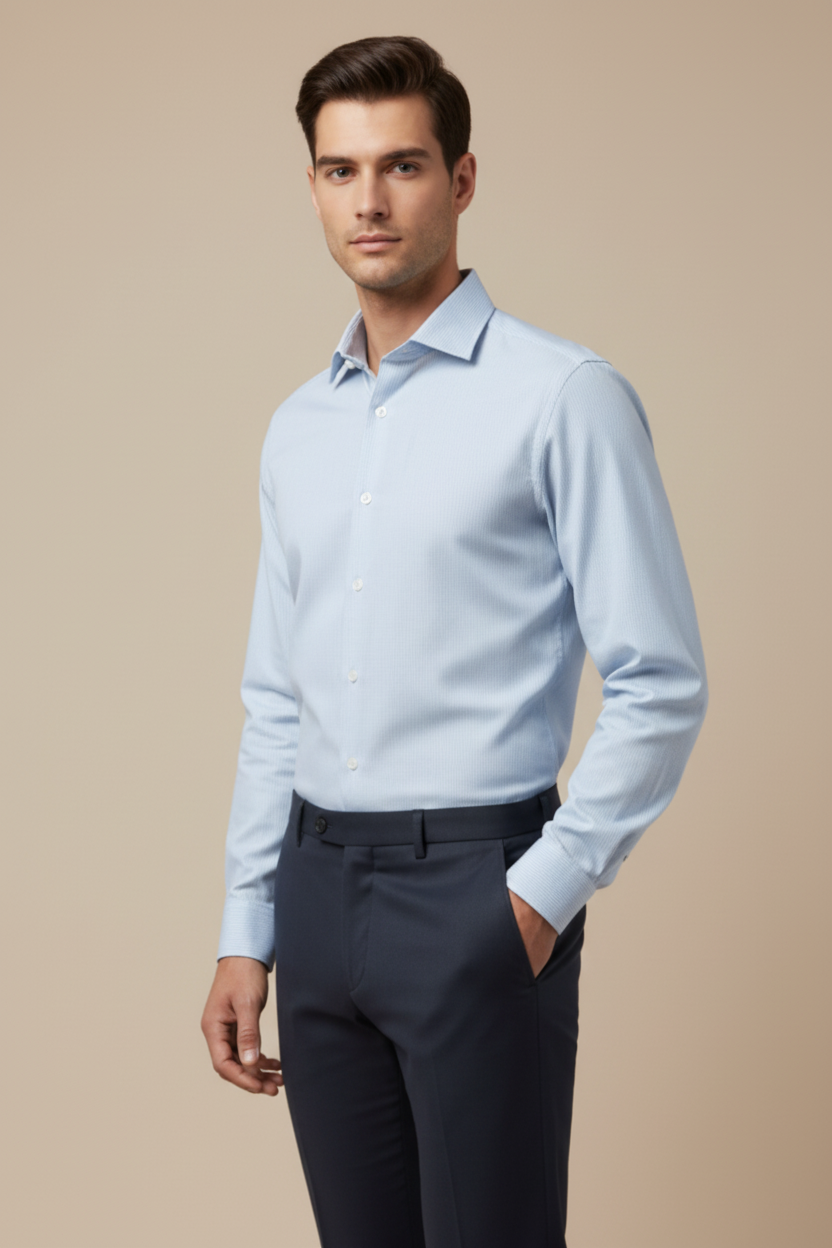 Camisa de manga larga Slim Fit FITTERS ORIGINALS con rayas azules, tela suave y ajuste ajustado para un estilo moderno y elegante.