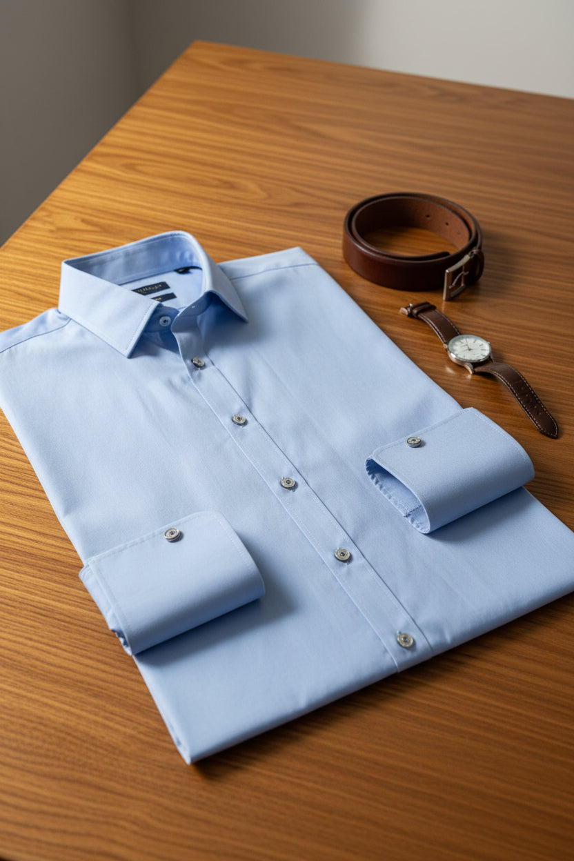 Camisa de manga larga slim fit de FITTERS ORIGINALS con diseño de rayas en color cielo, tela suave y ajuste ajustado.