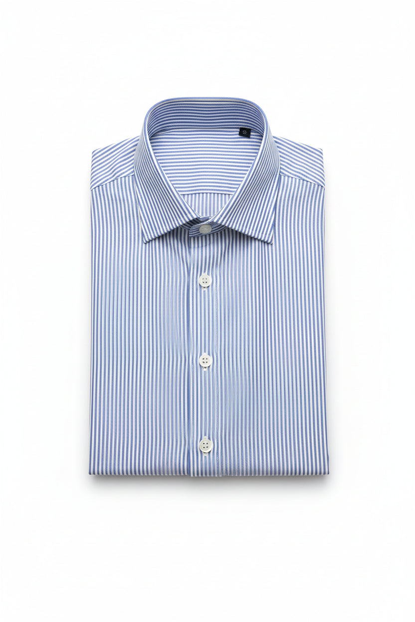 Camisa de manga larga slim fit de Rayas marino de la marca FITTERS ORIGINALS, con cuello y botones visibles.