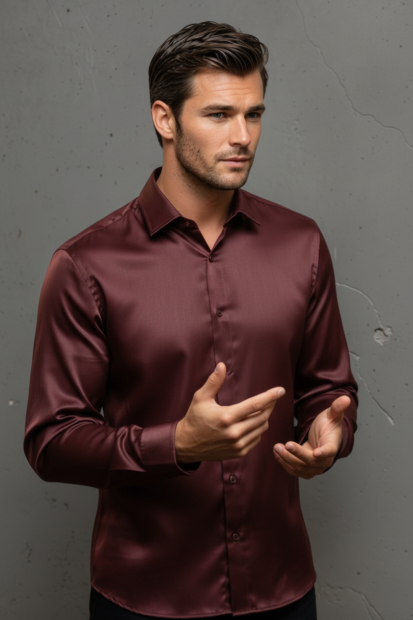 Camisa manga larga slim fit Fitters Originals en color vino, diseño romántico y elegante para mujer.
