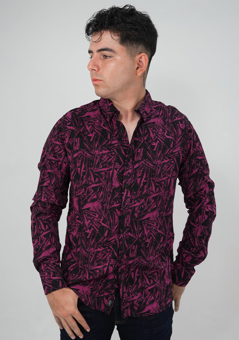 Camisa de manga larga slim fit Fitters Originals en color vino y negro, tela tipo Bengal, para un estilo elegante y ajustado