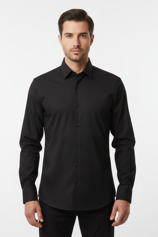 Camisa de manga larga slim fit de bambú negro de la marca Fitters Originals, vista frontal sobre fondo blanco.
