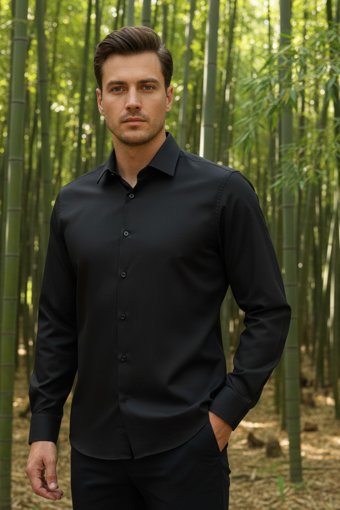 Camisa de manga larga slim fit de bamboo negro de la marca Fitters Originals, vista frontal en color negro.