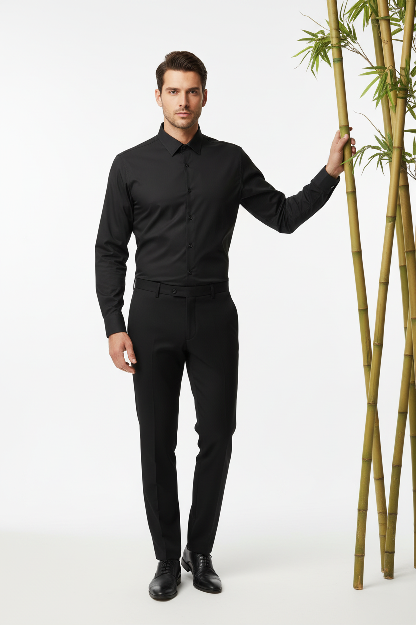Camisa de manga larga slim fit de bambú de color negro de la marca Fitters Originals, vista frontal en tamaño XS.