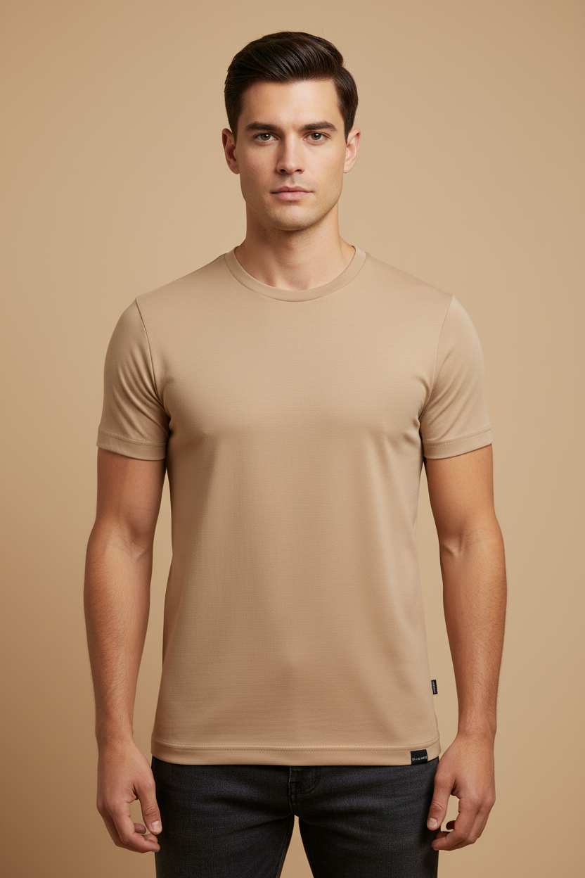 Playera JAGUAR Fitters Originals Contempo con cuello redondo en color capuchino, vista frontal de la prenda.