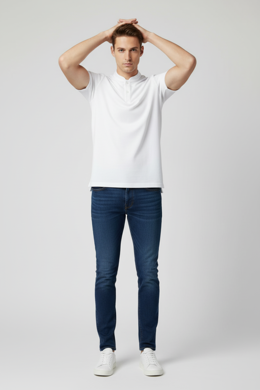 Polo FITTERS ORIGINALS Holbox de manga corta en blanco y negro con cuello Mao, tejido de algodón, estilo clásico y elegante.