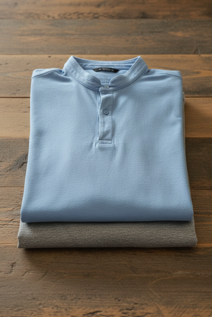 Polo de manga corta FITTERS ORIGINALS HOLBOX con cuello Mao en tejido jaspe en tonos perla y cielo, diseño moderno y elegante.