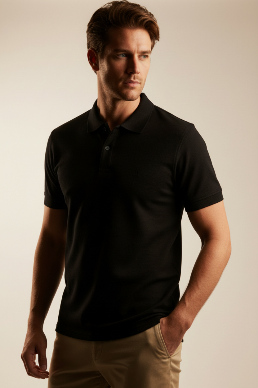 Polo Fitters Originals Panthera Jaquard manga corta, negro, textura sutil, ajuste slim fit, para hombre.