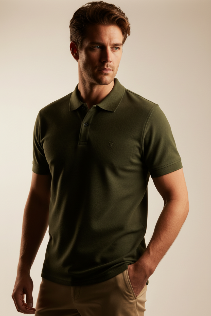 Polo oscuro de color militar de la marca Fitters Originals, estilo casual con diseño clásico y logotipo Panthera visible.