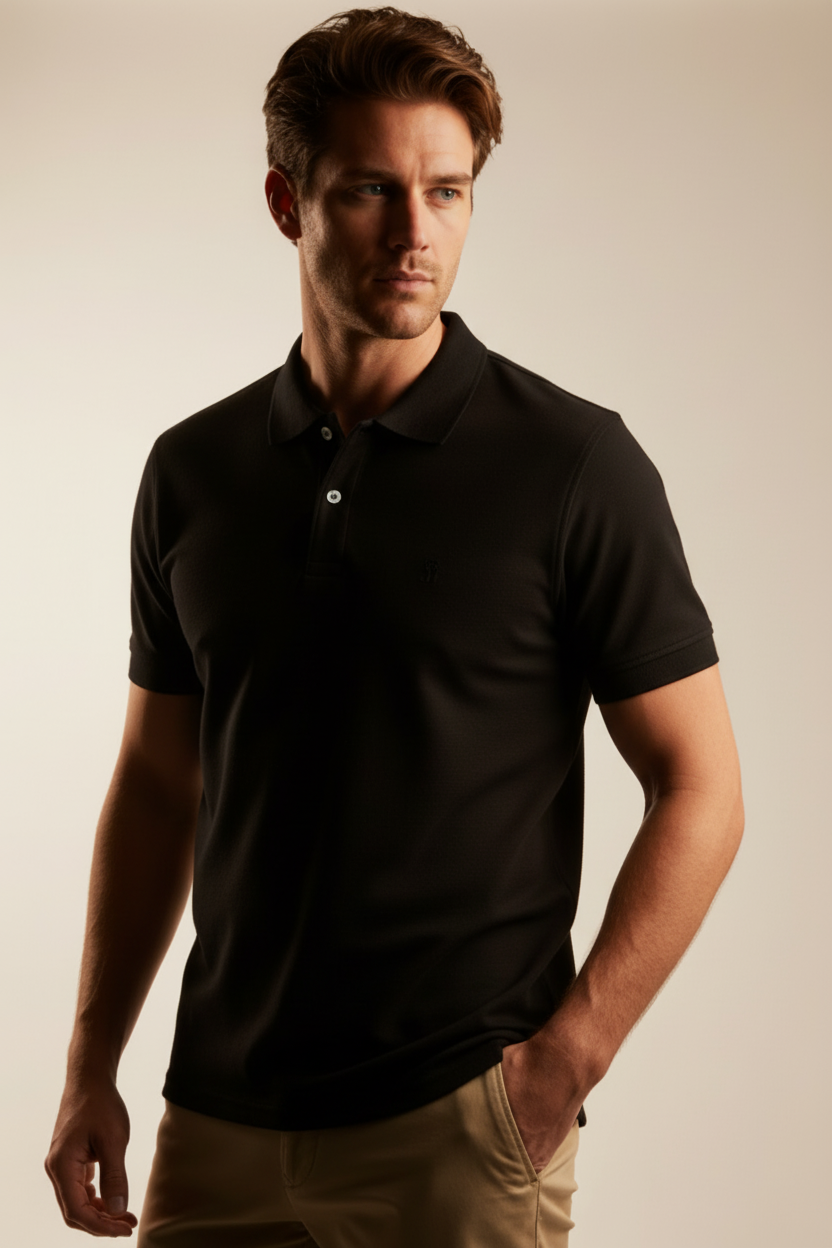 Polo negro Fitters Originals Panthera con cuello clásico y logotipo en el pecho, hecho de tela suave y cómoda.