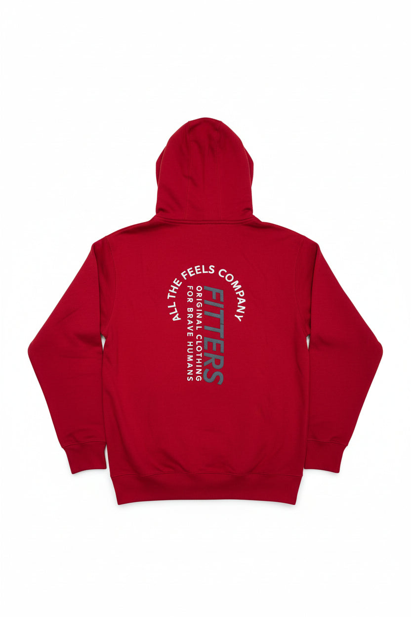 Sudadera roja Fitters Originals Fills con diseño casual, vista frontal mostrando el logo y detalles de la prenda.