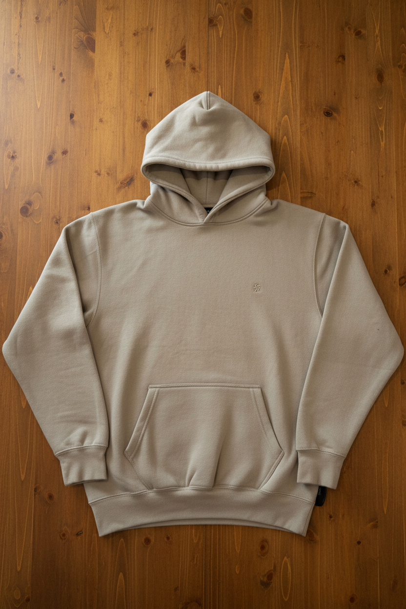 Sudadera cerrada de felpa beige de FITTERS ORIGINALS, con capucha y diseño cómodo, visible en la imagen.