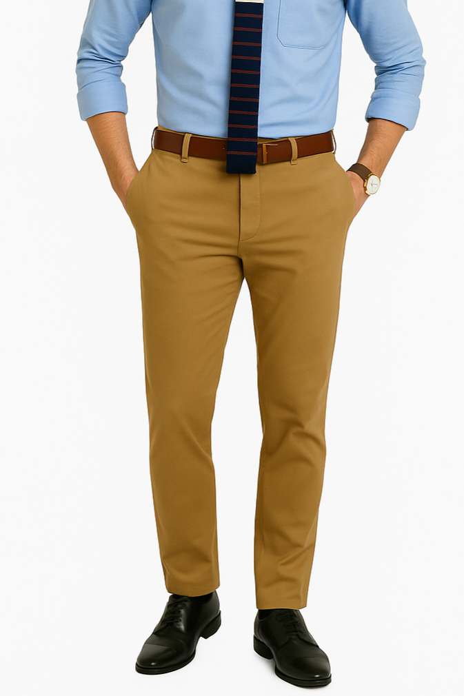 Pantalón chino slim casual de color arena de la marca IF FITTERS ORIGINALS, vista frontal en estilo relajado y moderno