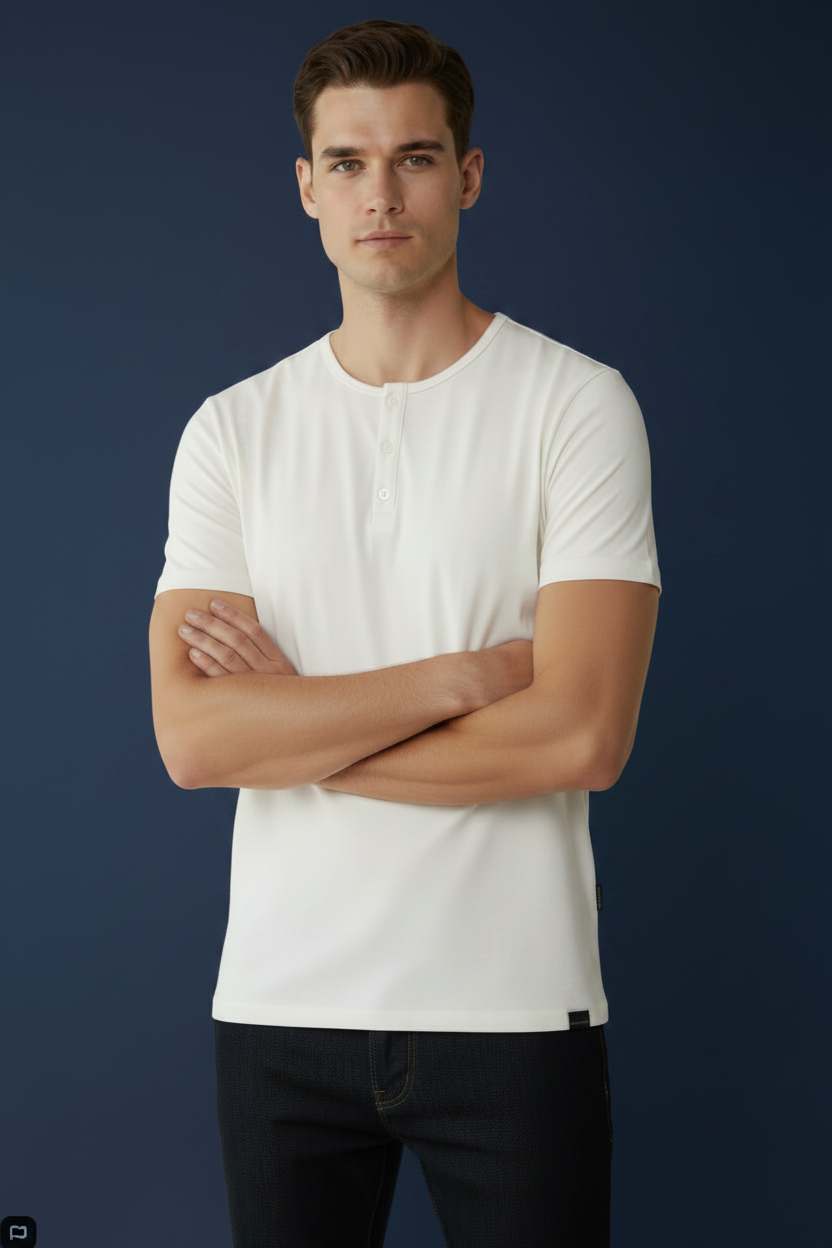 Playera Henley para hombre de Fitters Originals en color ivory, algodón premium y ajuste relajado, vista frontal del modelo.