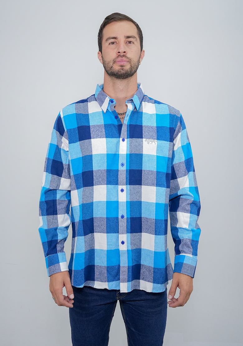 Camisa de manga larga relax IF FITTERS ORIGINALS con rayas y franela azul, estilo cómodo y casual para hombre.